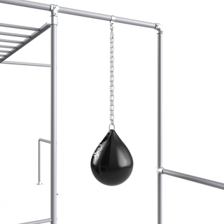 Black Hydro Ball boxing bag hanging from a Funky Monkey Bars frame