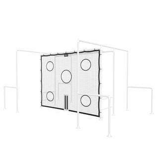 Black soccer and cricket target net mounted to a Funky Monkey Bars monkey bar frame
