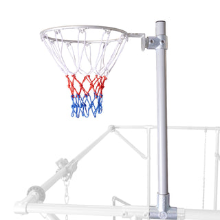 Netball hoop with red, white and blue net mounted to a Funky Monkey Bars monkey bar frame