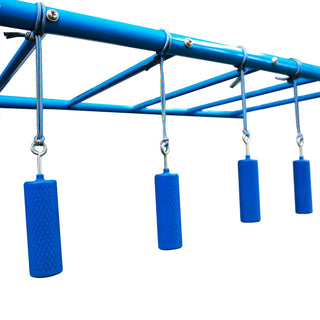 Blue long Ninja Grips hanging from a blue Funky Monkey Bars monkey bar frame