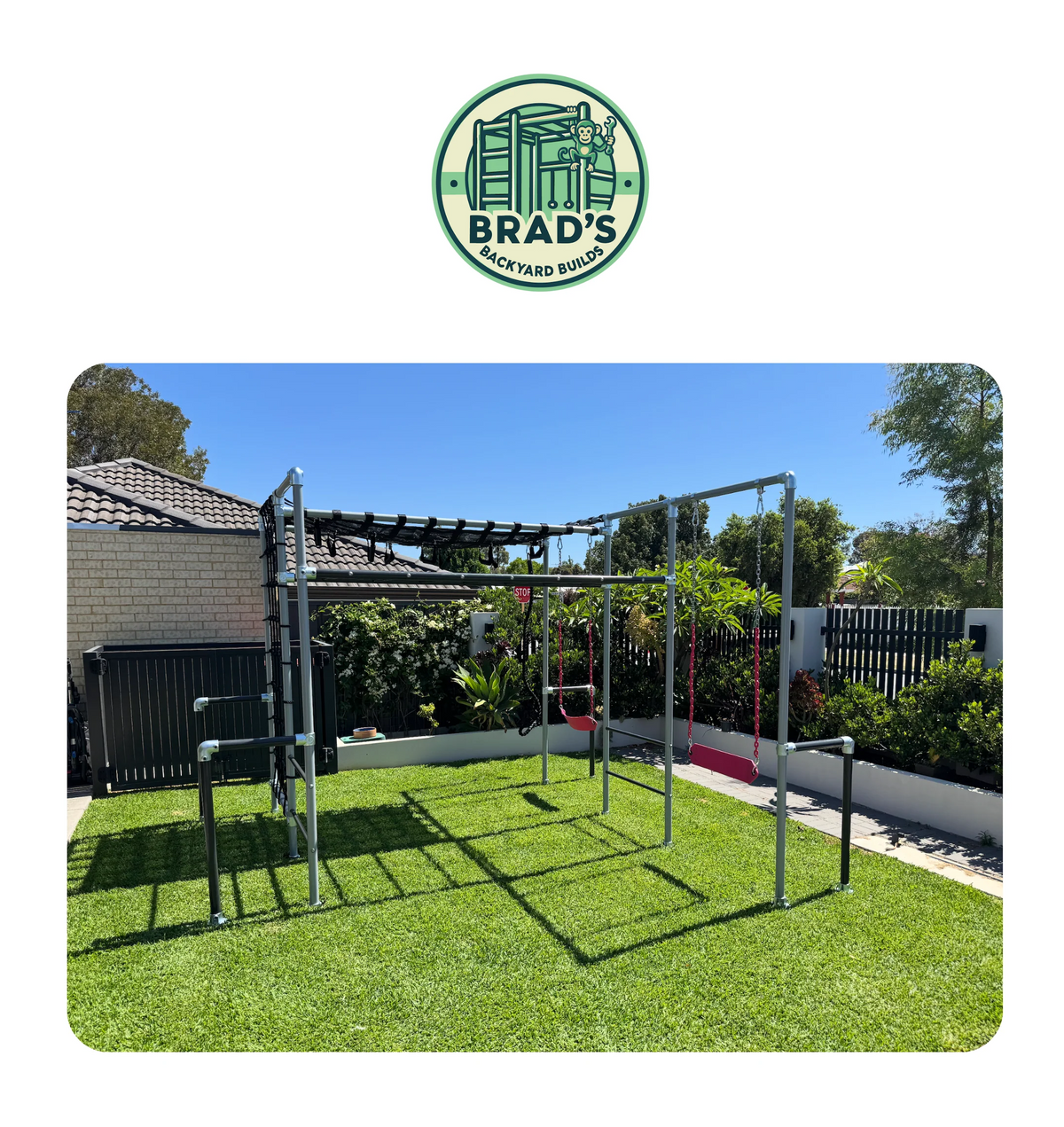 Funky Monkey Bars installed in a garden by Brad's Backyard Builds