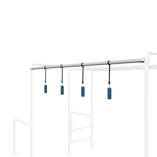 Four blue long Ninja Grips hanging from a Funky Monkey Bars accessory bar
