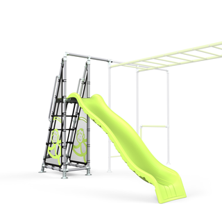 Children's playground structure with a lime green slide on a white background