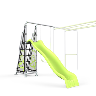 Children's outdoor playground structure with a green slide and climbing elements on a white background