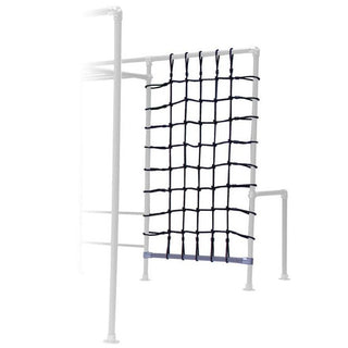 Black cargo net attached to a Funky Monkey Bars backyard monkey bar frame